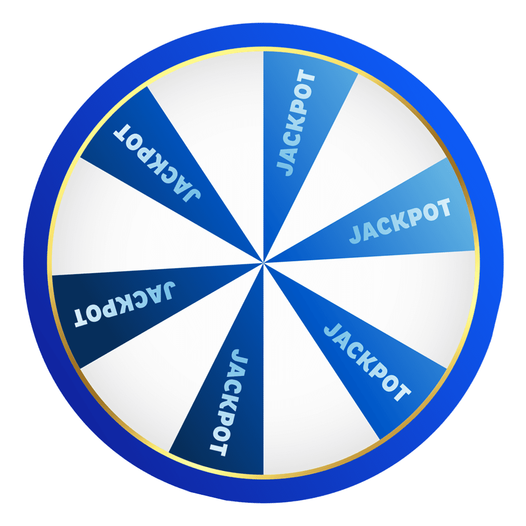 Et rødt og hvidt snurrende præmiehjul opdelt i 8 lige store segmenter, der hver især er mærket "JACKPOT" med guldtekst. Segmenterne er skiftevis røde og hvide med en guldkant rundt om hjulet. Baggrunden er gennemsigtig.